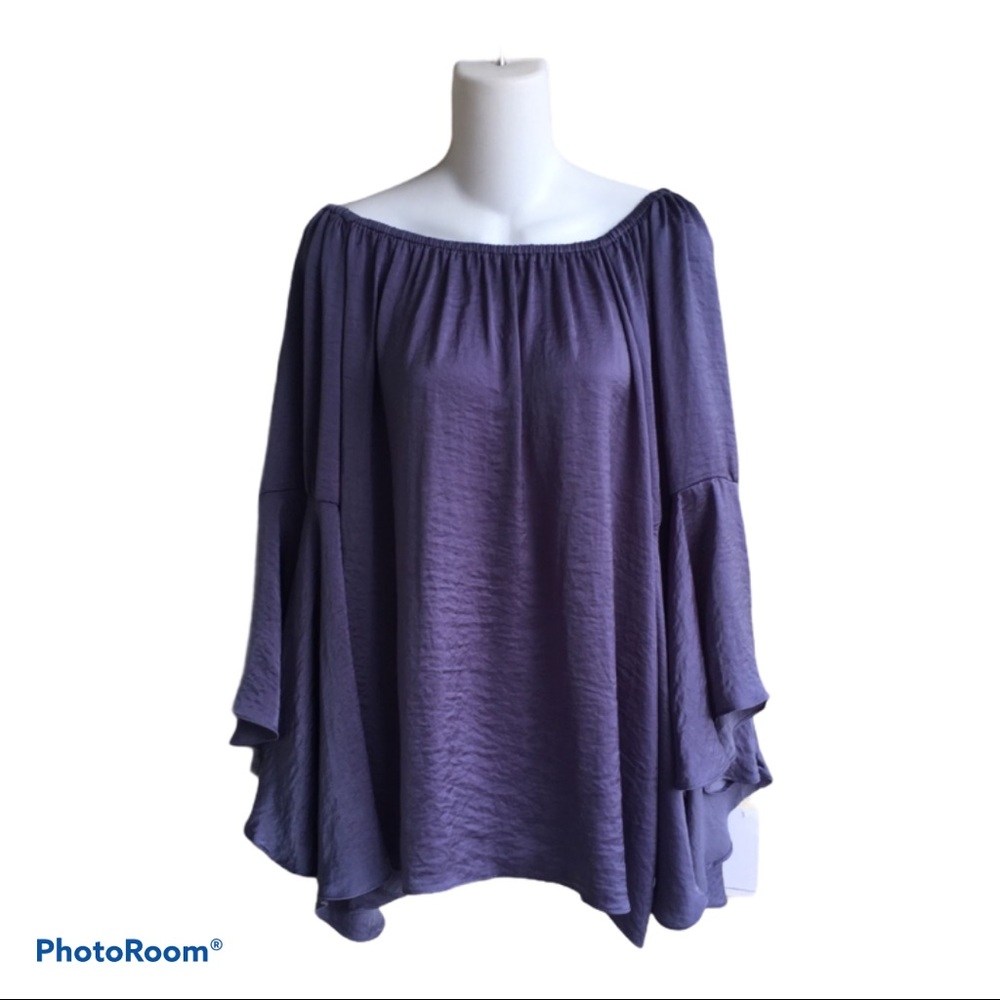 NWT Fever 1X Slate Blue Blouse Pullover Top Bell Sleeve